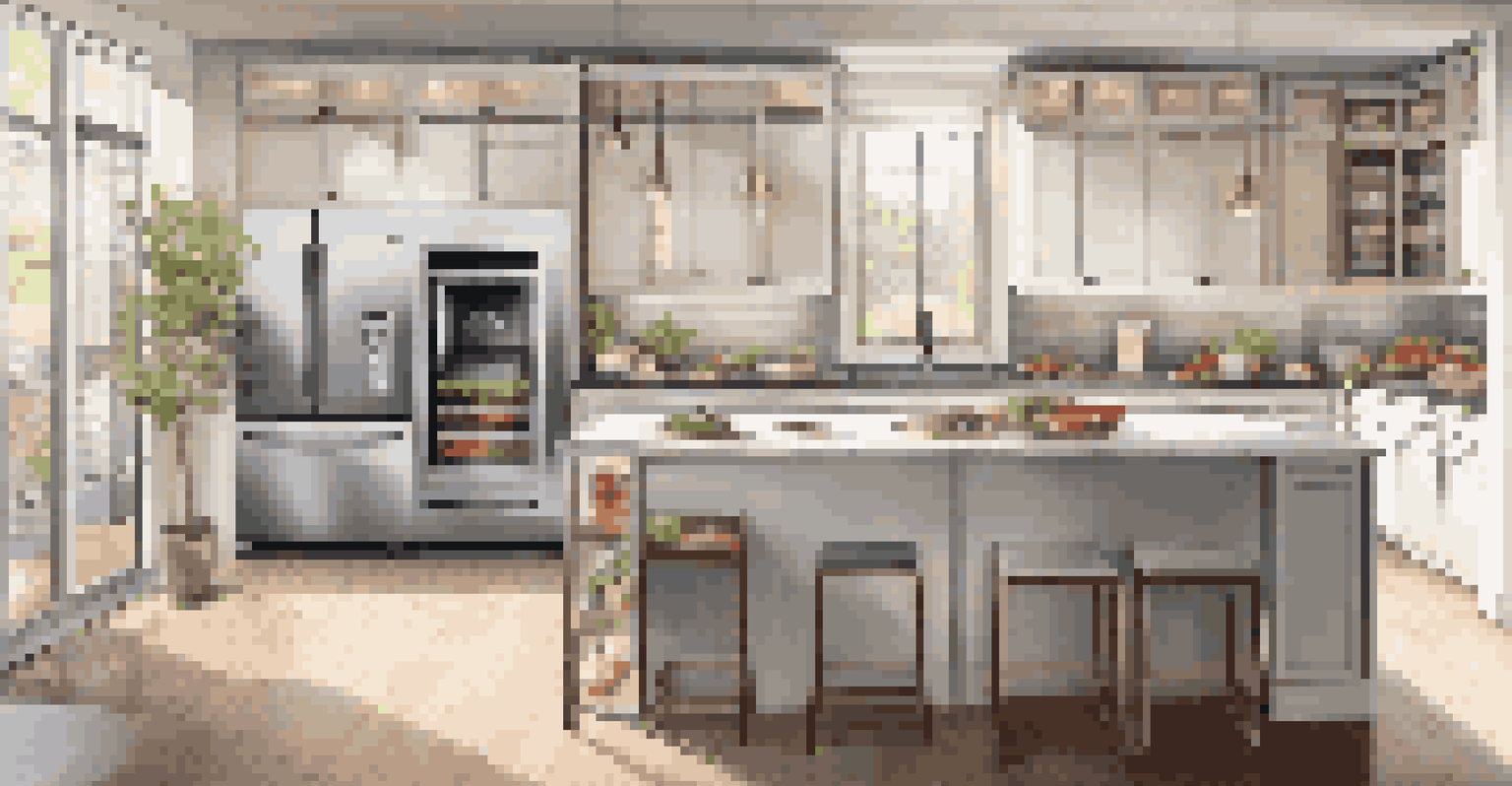 An elegant kitchen featuring a modern refrigerator with a touchscreen, bright sunlight, and stylish appliances.
