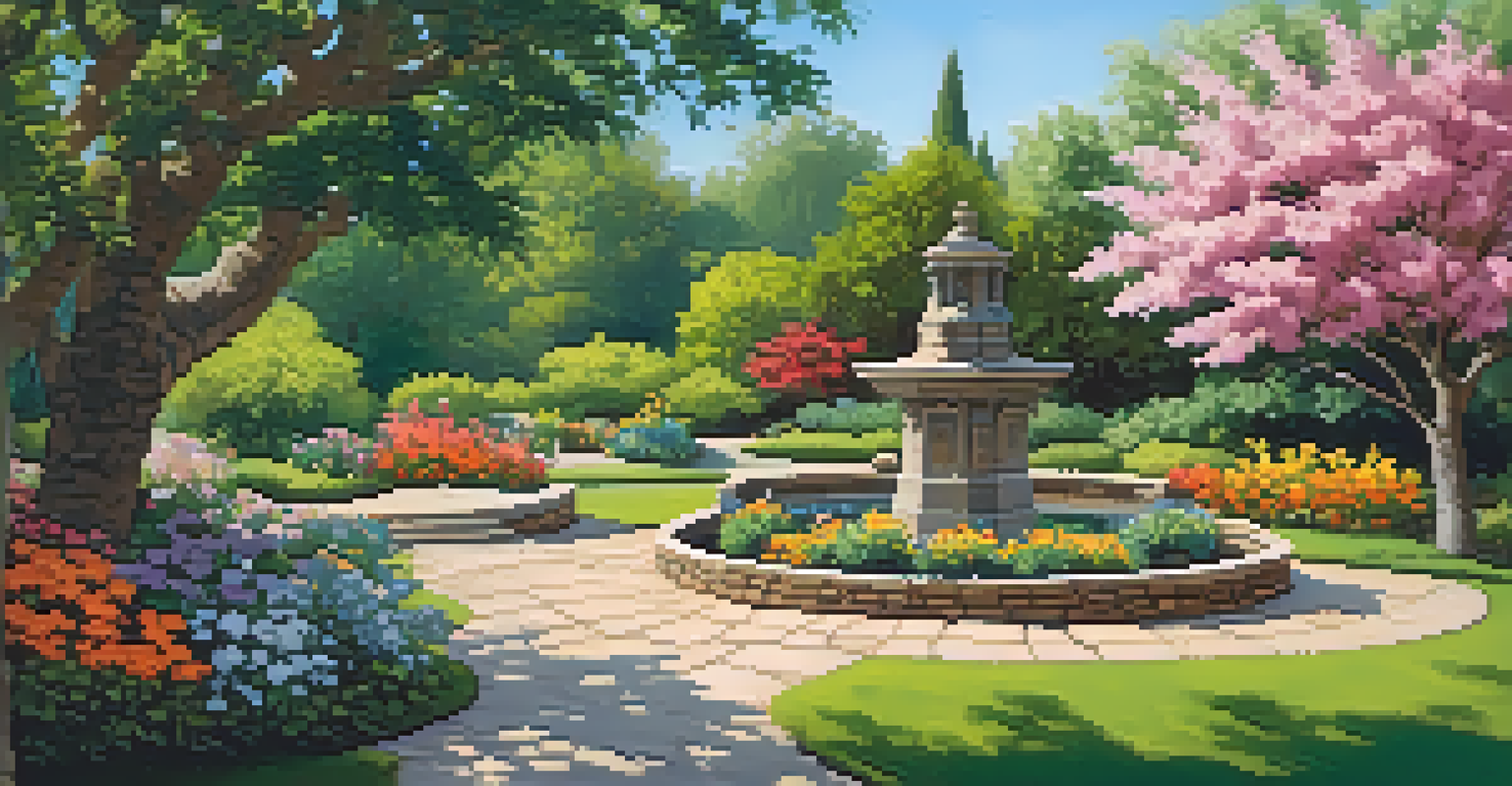 A vibrant garden with blooming flowers, a stone pathway, and a bench under a tree.