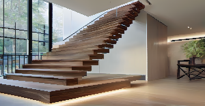 A staircase with textured wood steps, contrasting colored edges, sturdy handrails, and warm motion sensor lights illuminating the area.