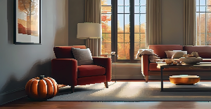 A cozy living room with a rustic pumpkin on a table, warm fall colors, and soft natural light.