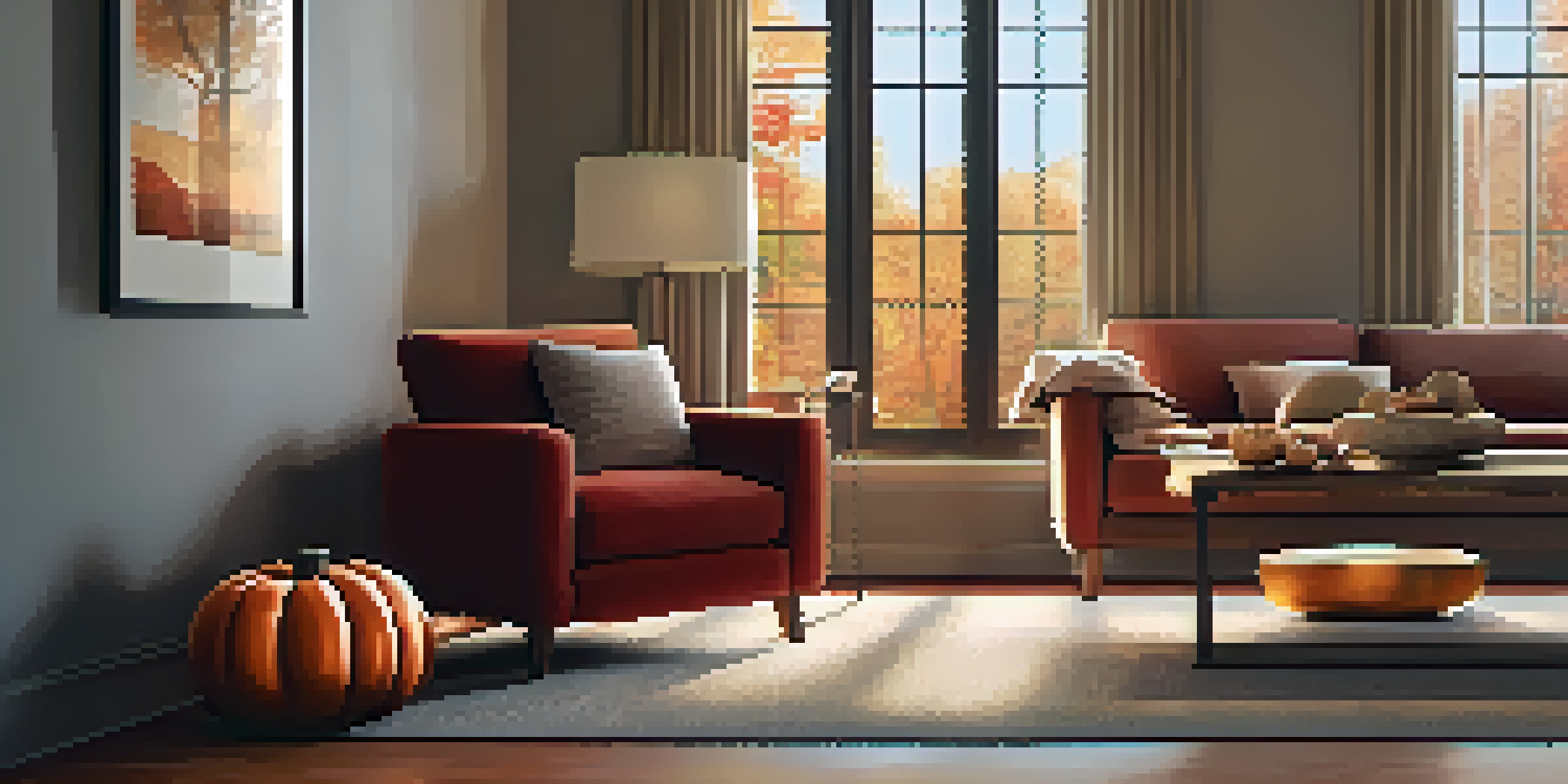 A cozy living room with a rustic pumpkin on a table, warm fall colors, and soft natural light.