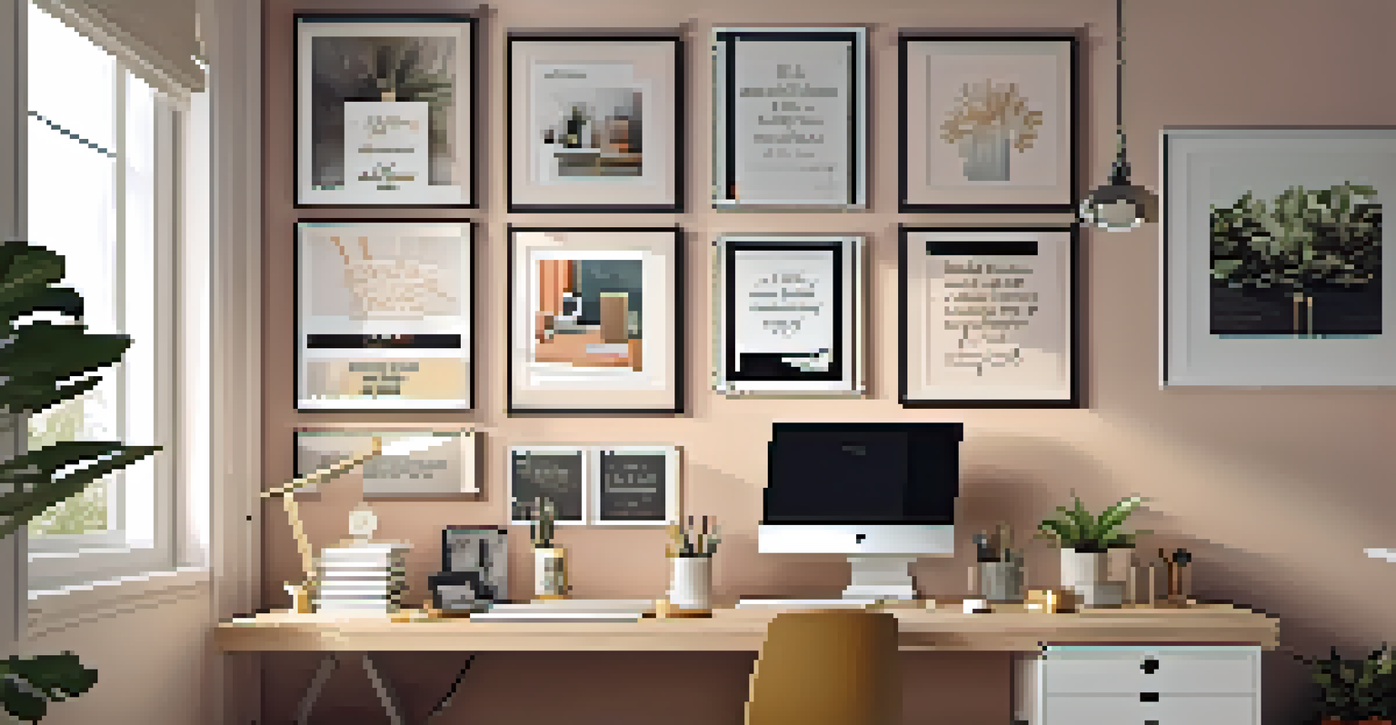 A corner workspace with an adjustable desk, motivational art, and soft lighting, designed for comfort.