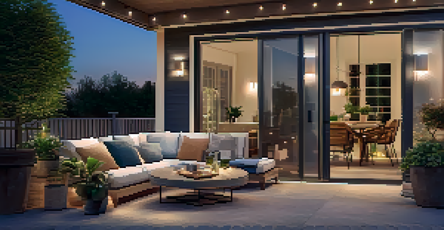 An outdoor patio at dusk with smart lighting, stylish furniture, and a smartphone showing a lighting app, creating a cozy atmosphere.