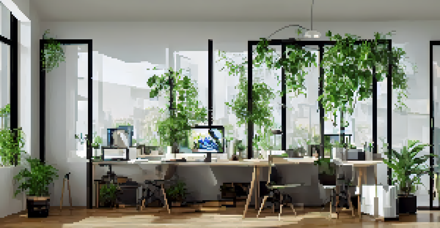 A modern home office with a stylish desk, potted plants, and large windows for natural light.
