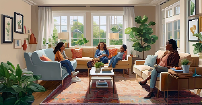 A warm living room with family members of various ages playing games together, showcasing a cozy and inviting atmosphere.