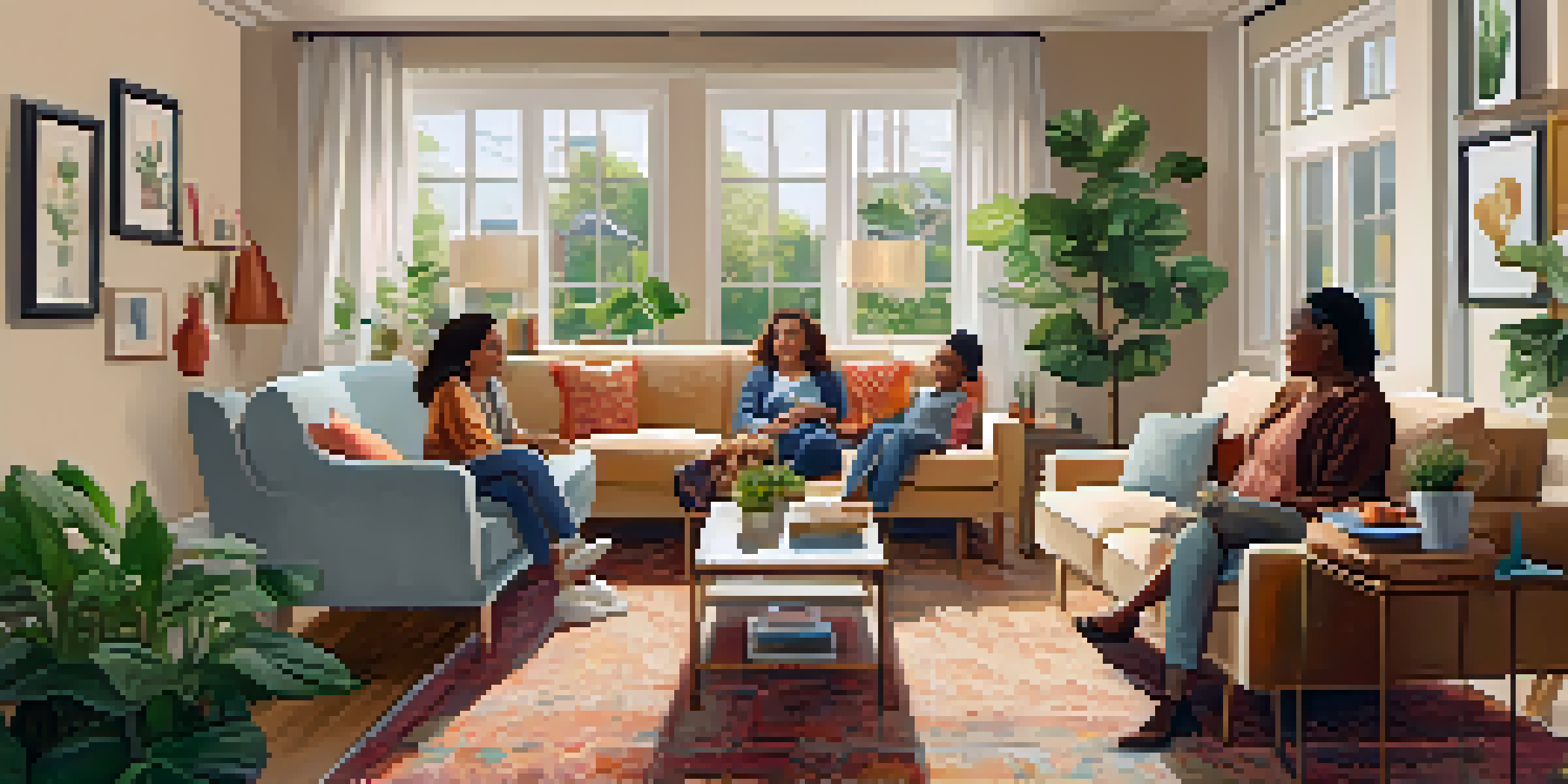 A warm living room with family members of various ages playing games together, showcasing a cozy and inviting atmosphere.
