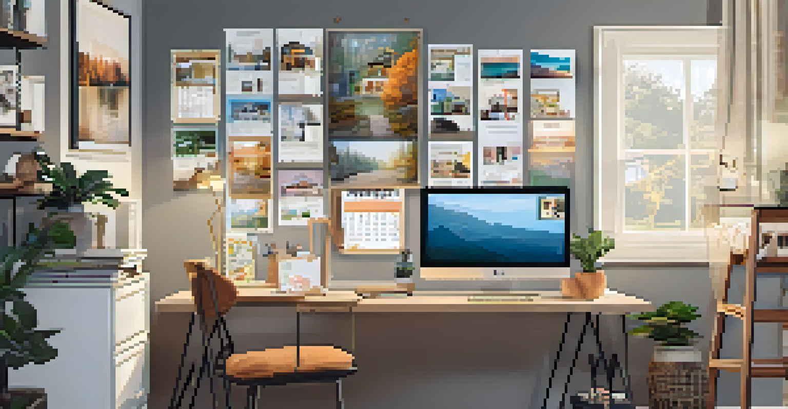 A cozy home office with a vision board on the wall, surrounded by a desk and chair, creating an inspiring workspace.