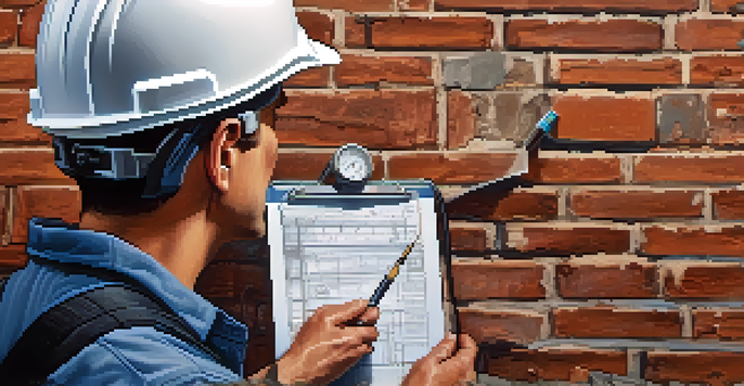 A home inspector closely examining cracks in a foundation wall with tools in hand, illuminated by natural light.