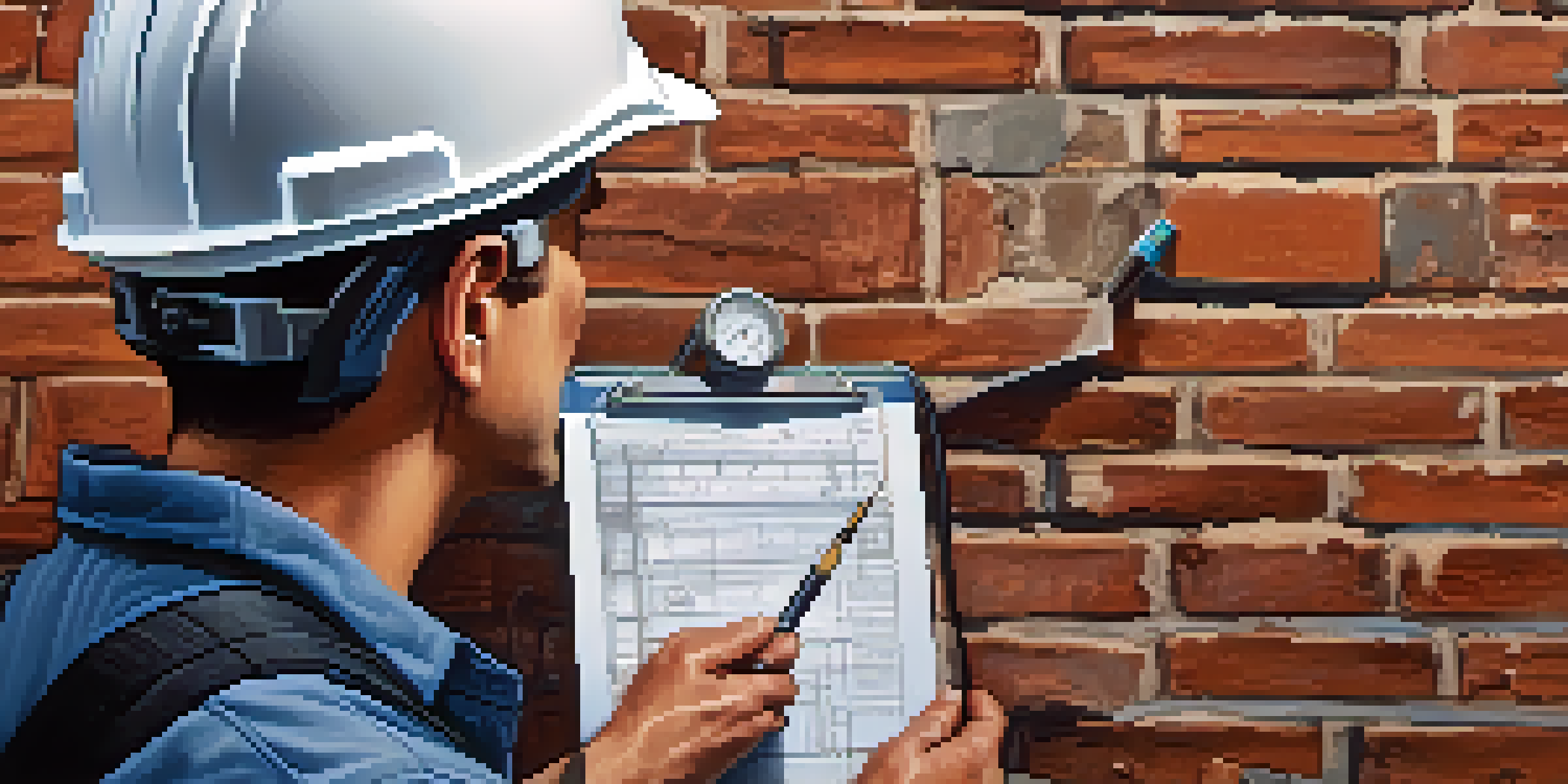 A home inspector closely examining cracks in a foundation wall with tools in hand, illuminated by natural light.