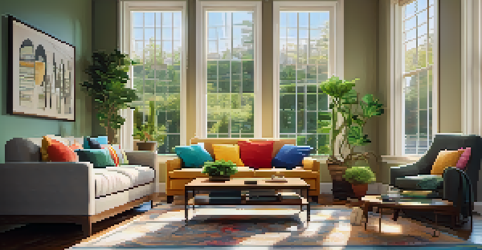 A bright and inviting living room with large windows, comfortable sofa, wooden coffee table, and a potted plant.