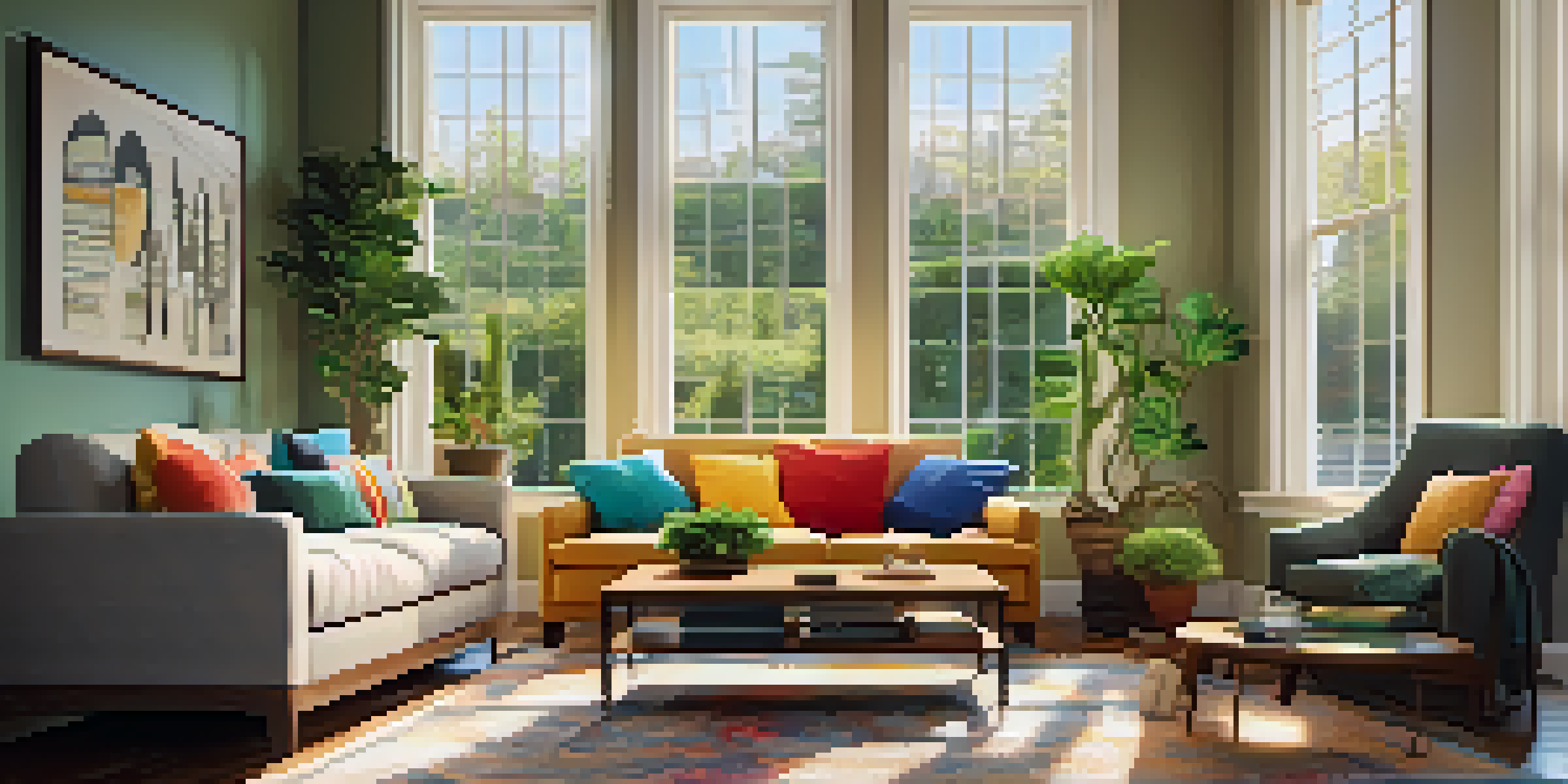 A bright and inviting living room with large windows, comfortable sofa, wooden coffee table, and a potted plant.
