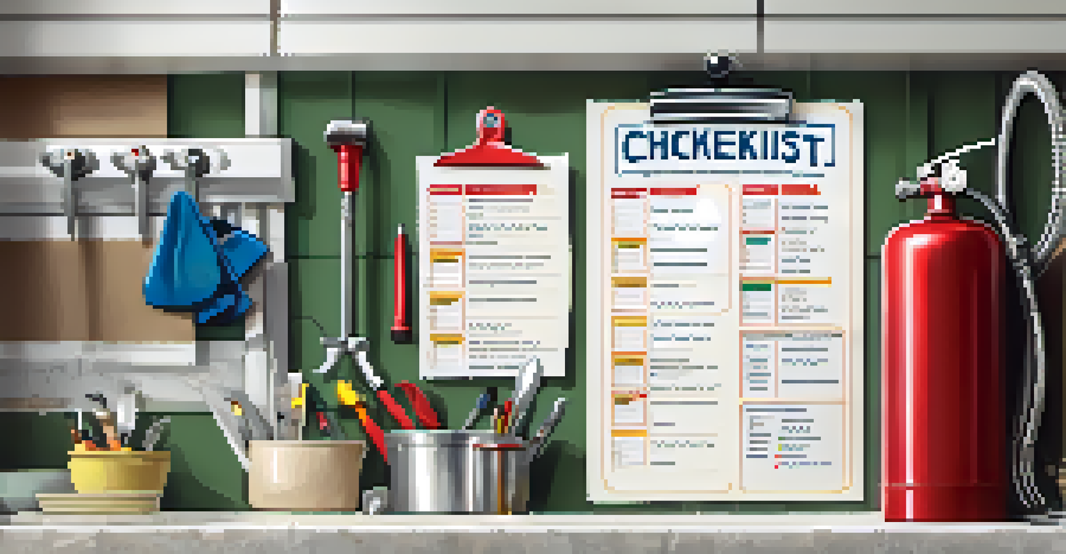 A home maintenance checklist with plumbing tasks displayed on a wall, with tools in front and a bright kitchen in the background.