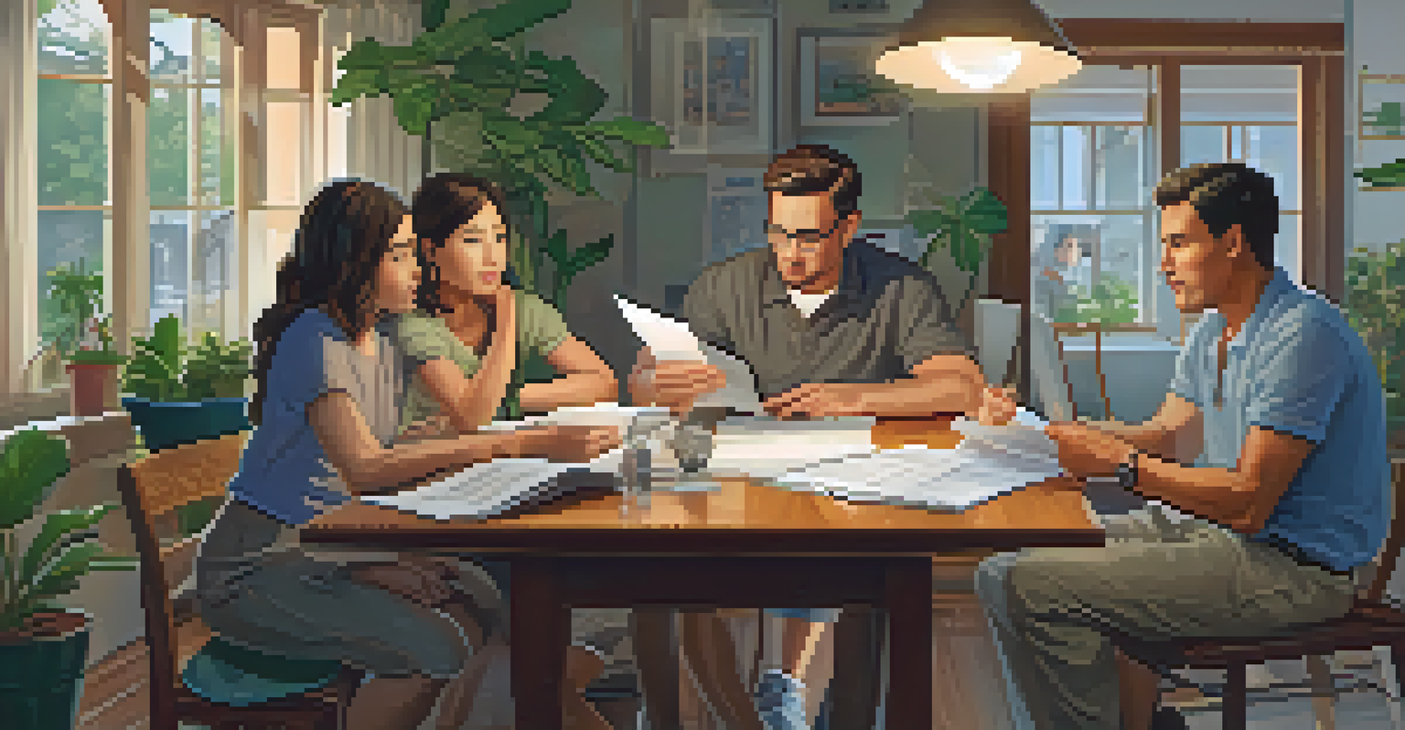 A family discussing a home inspection report with a home inspector at a dining table filled with documents in a cozy setting.