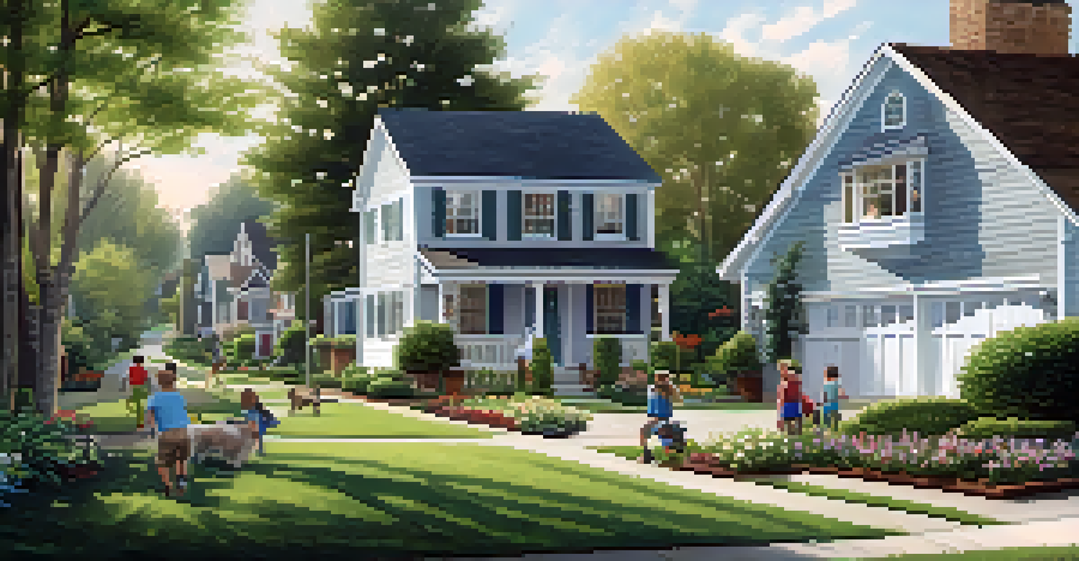 A peaceful suburban neighborhood with large homes, gardens, and families enjoying outdoor activities.