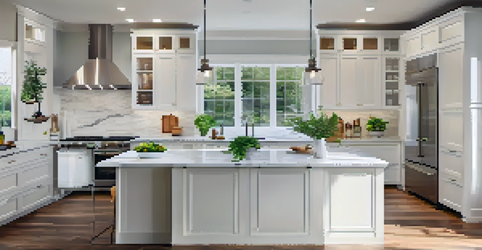 A modern kitchen with white cabinets, marble countertop island, and large windows letting in natural light.