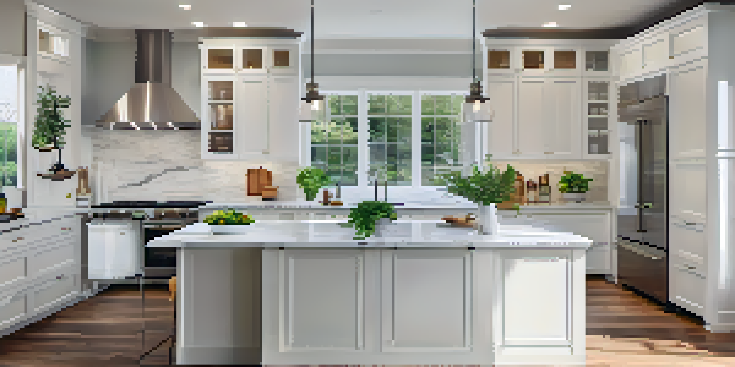 A modern kitchen with white cabinets, marble countertop island, and large windows letting in natural light.