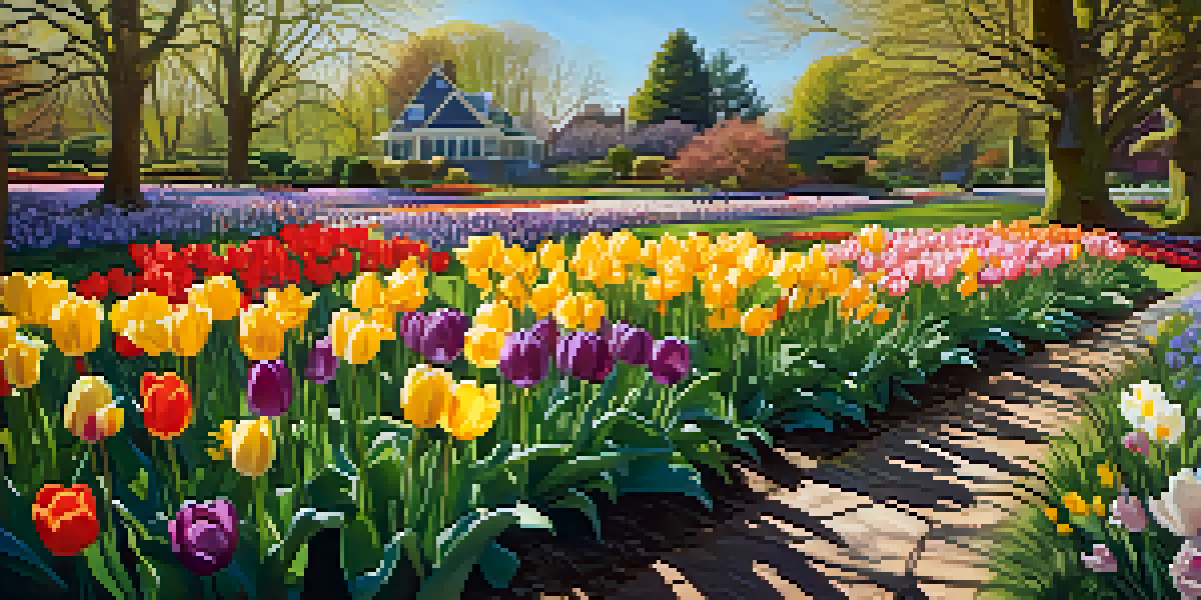 A bright and colorful spring garden featuring tulips, daffodils, and crocuses under a clear blue sky.