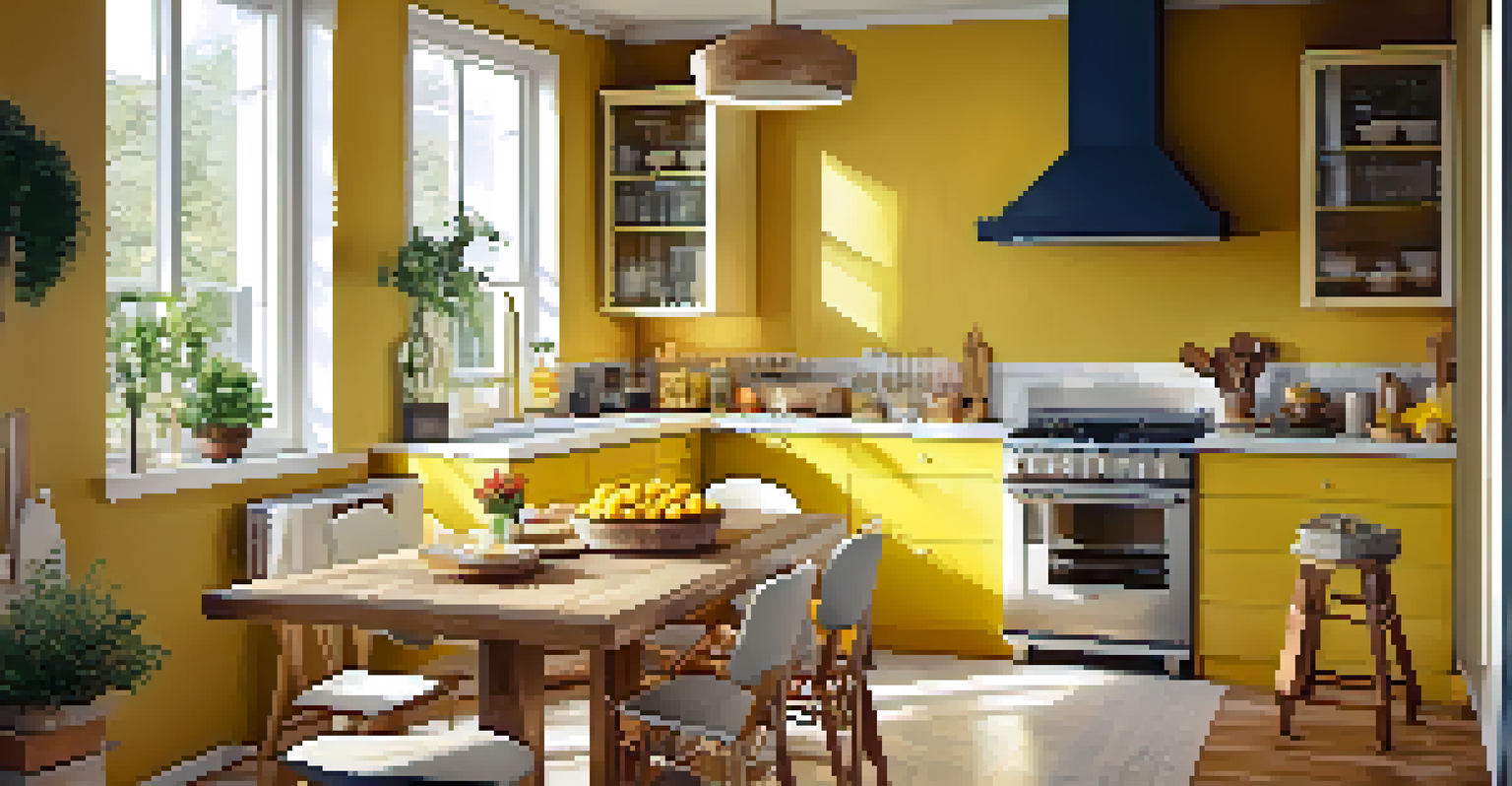 A cheerful kitchen in sunny yellow with a dining table set for a meal.