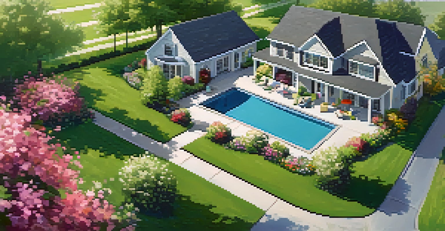 An aerial view of a summer open house with potential buyers exploring a stylish home in a vibrant neighborhood.