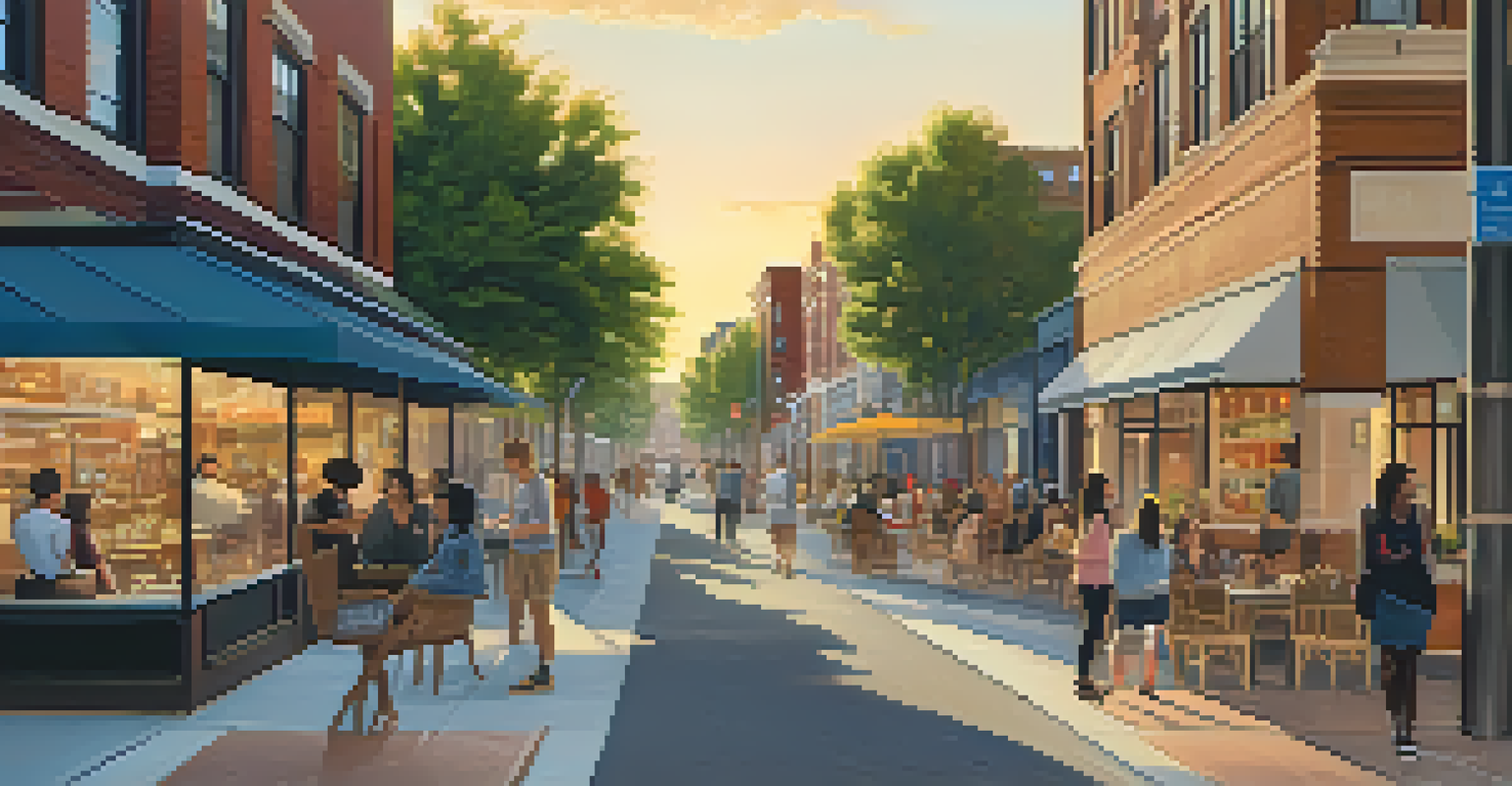 A lively urban area with shops and apartments, filled with people enjoying outdoor spaces during sunset.