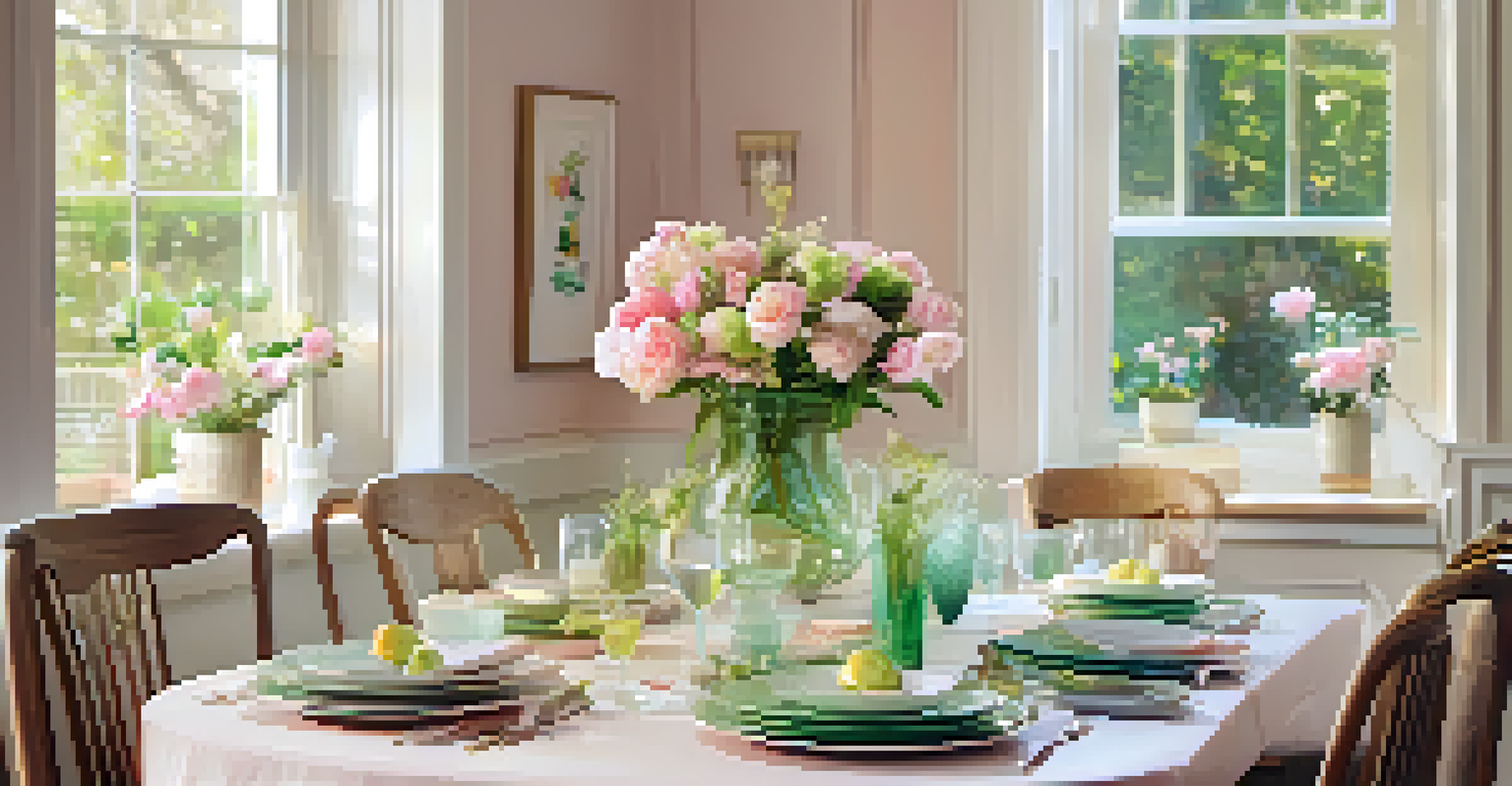 A spring dining table set with pastel colors and fresh flowers, illuminated by soft lights.