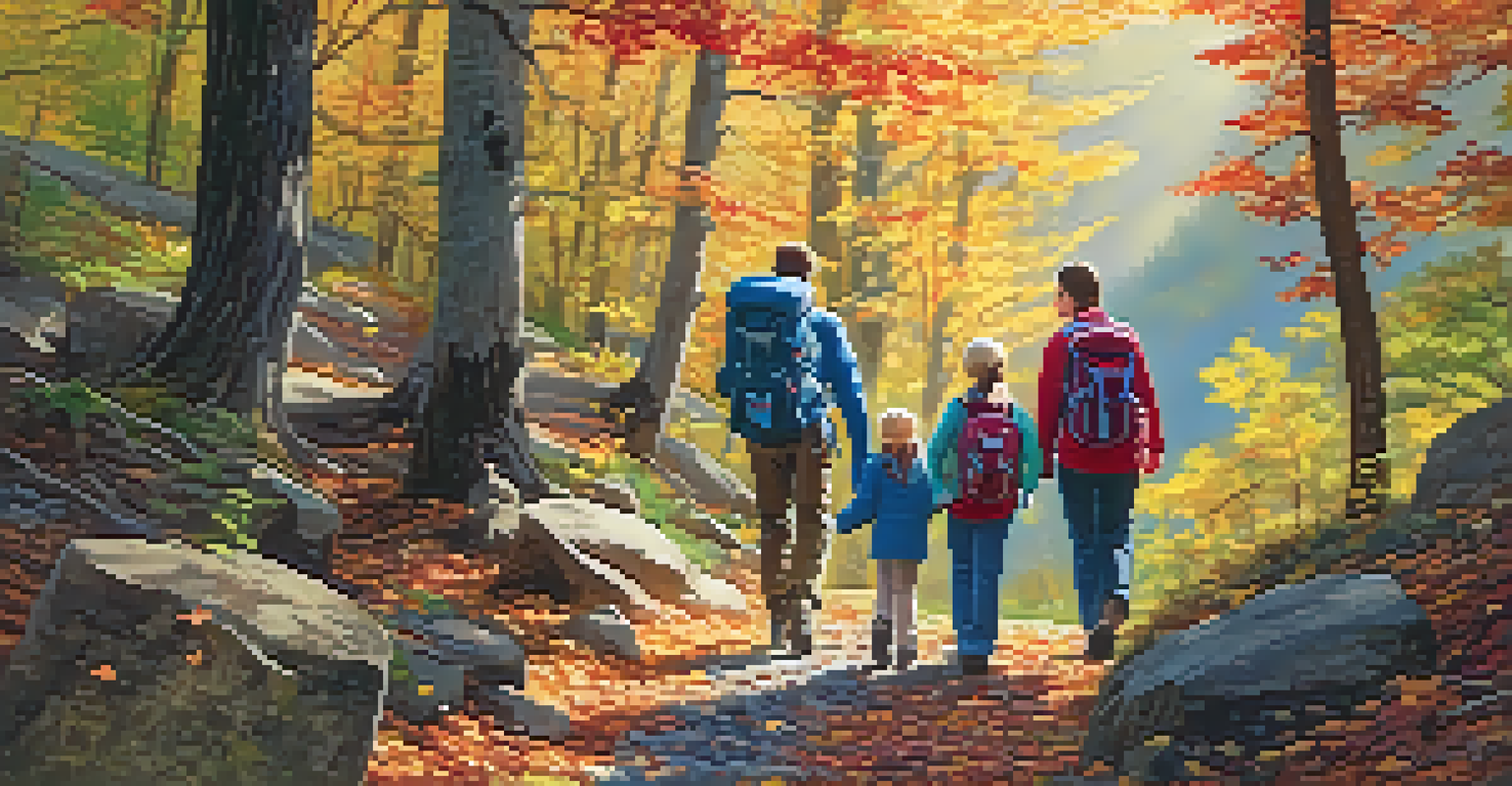A family hiking on a mountain trail in autumn, with colorful leaves and sunlight filtering through the trees.