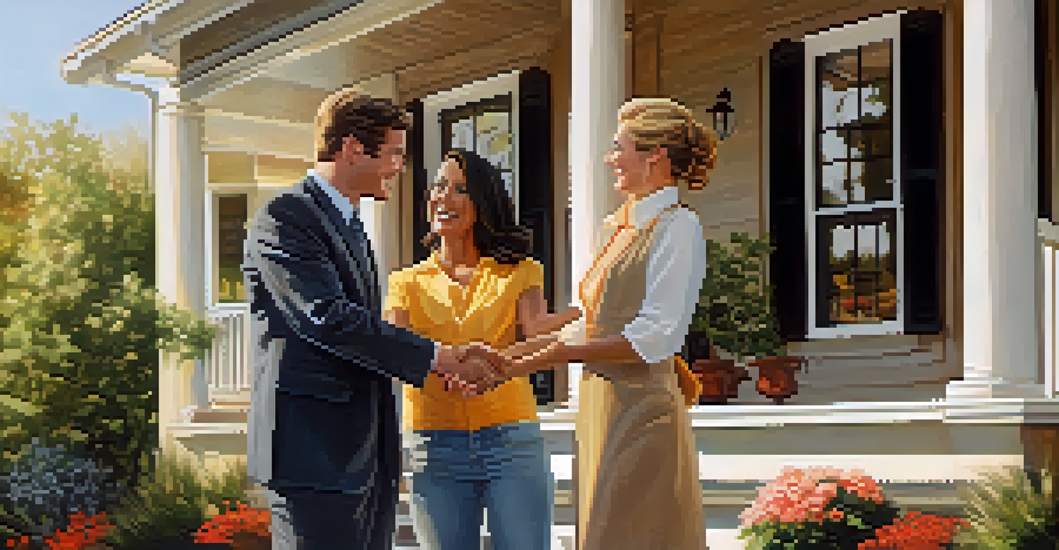 A real estate agent shaking hands with a happy couple in front of a sold house under warm sunlight.