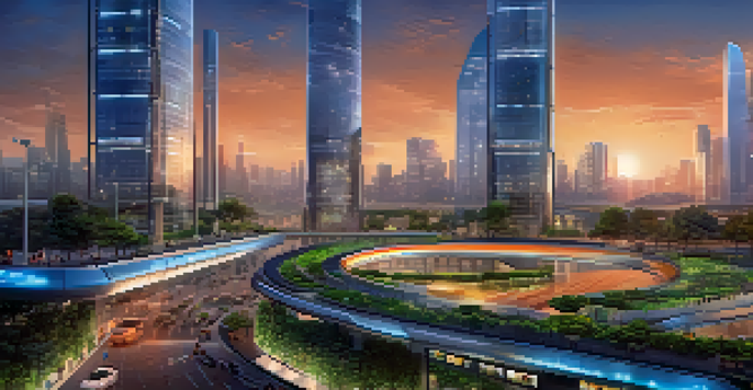 A modern city at dusk featuring tall buildings with solar panels, autonomous vehicles on the streets, and people using digital kiosks, under a colorful sunset sky.