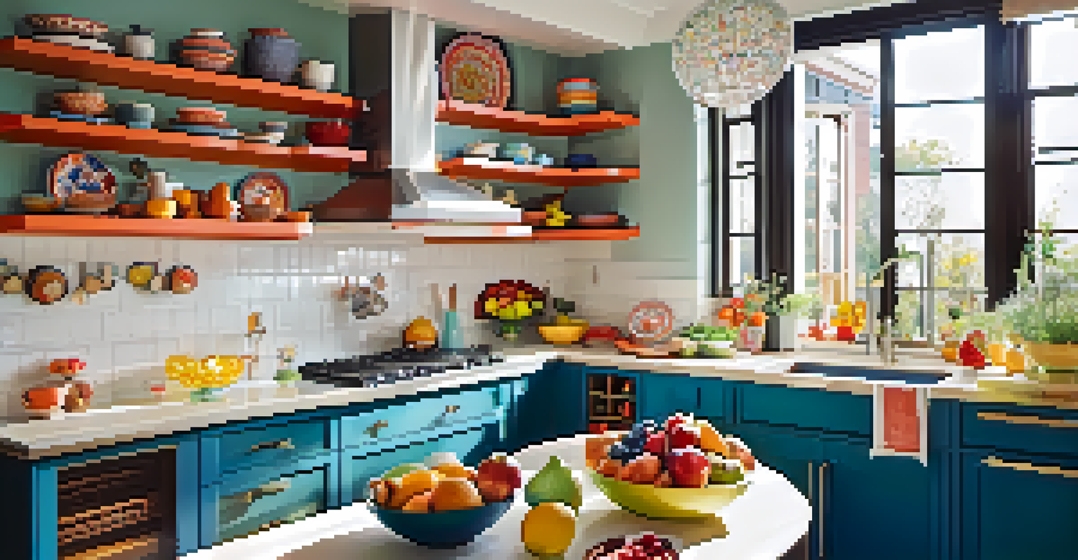 A vibrant kitchen with playful ceramics and colorful artwork, illuminated by sunlight.