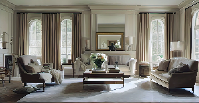 A cozy living room with a large ornate floor-length mirror reflecting natural light, enhancing the spacious feel of the room.