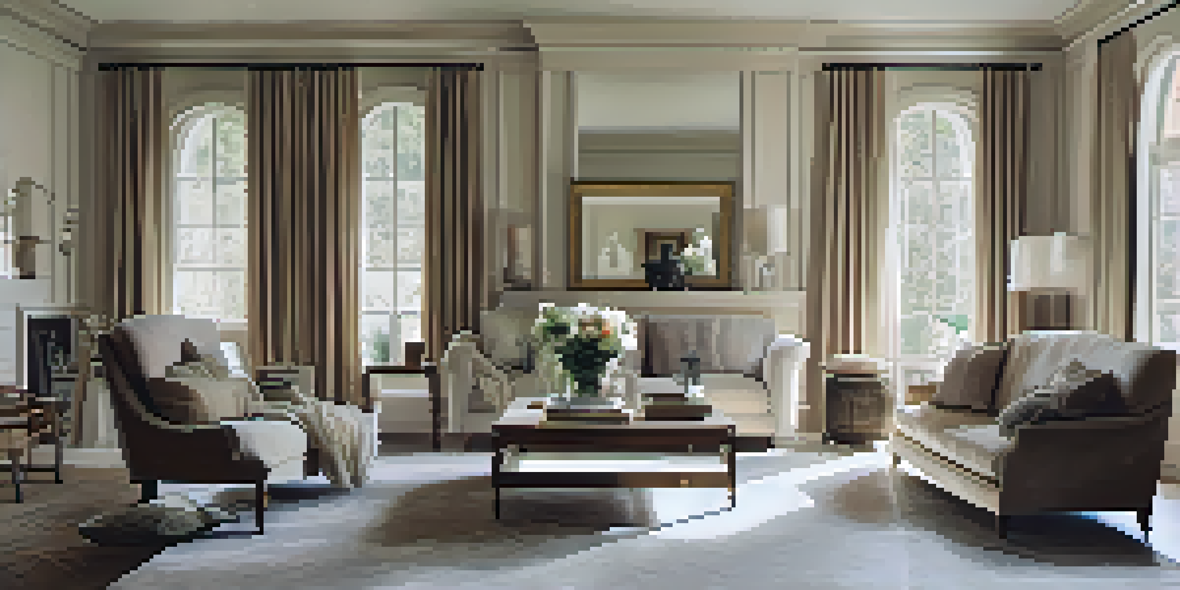 A cozy living room with a large ornate floor-length mirror reflecting natural light, enhancing the spacious feel of the room.