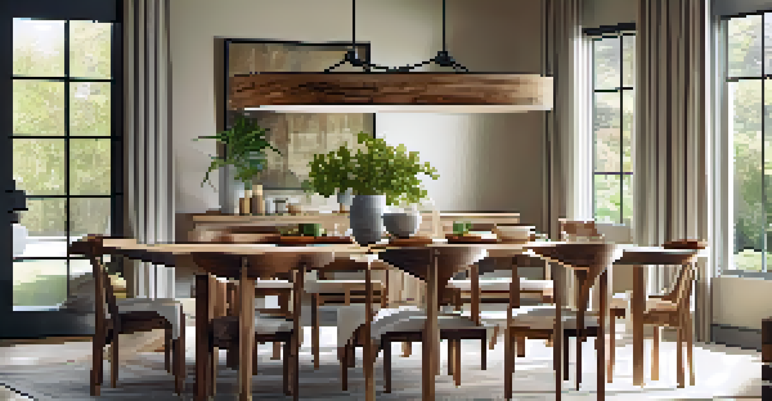 An elegant dining area with a reclaimed wood table and natural light from large windows.
