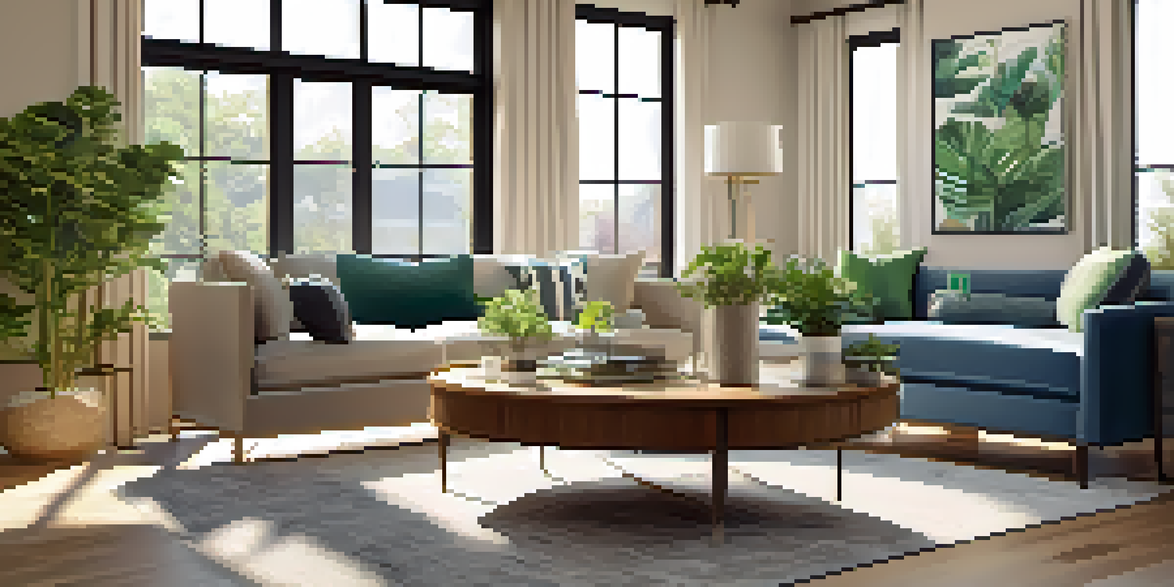 A bright and inviting living room prepared for an open house, featuring modern furniture and a welcoming atmosphere.