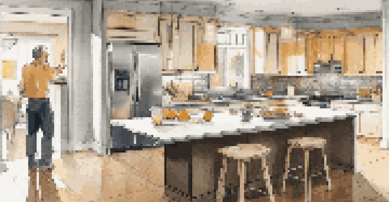 A homeowner and an inspector discussing renovation plans over an inspection report in a bright kitchen.