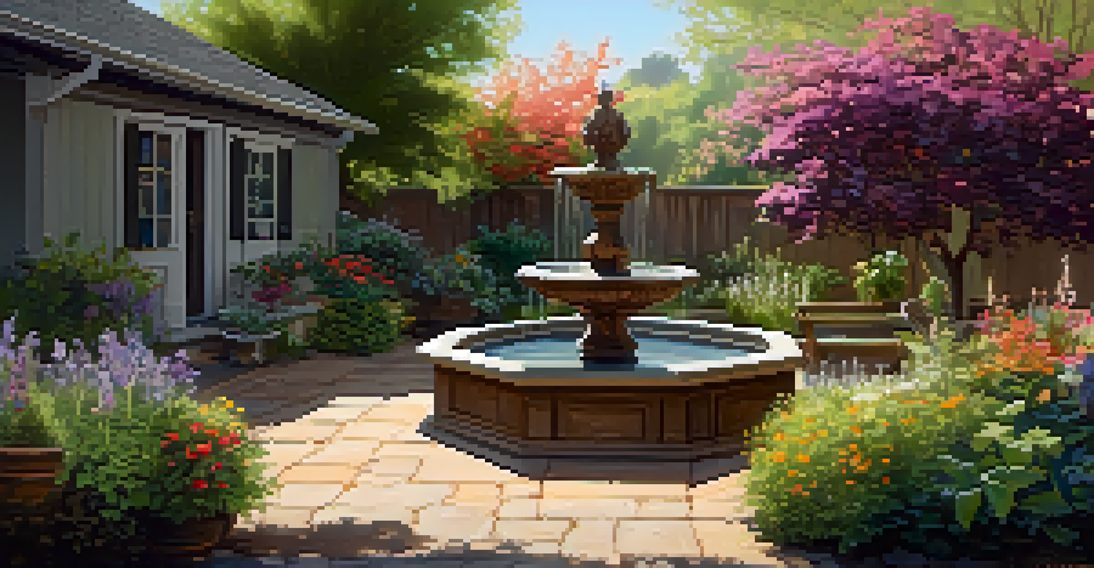 A tranquil garden with a fountain, colorful flowers, and a wooden bench under a tree.