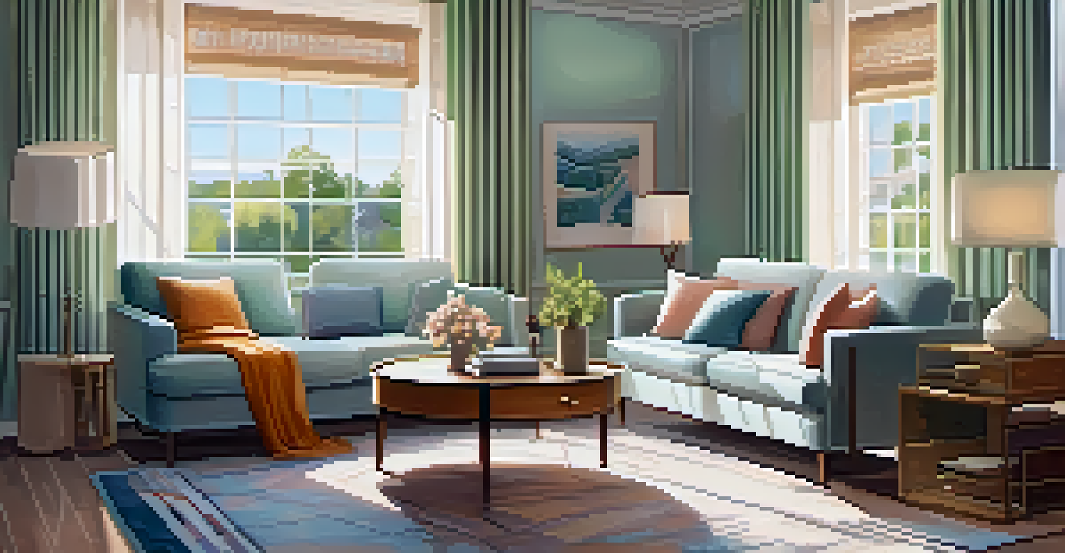 A cozy living room with pastel walls, a stylish sofa, and sunlight filtering through sheer curtains.