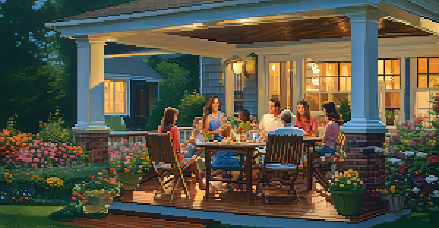 Family enjoying summer barbecue on a newly painted deck surrounded by greenery and flowers during sunset.