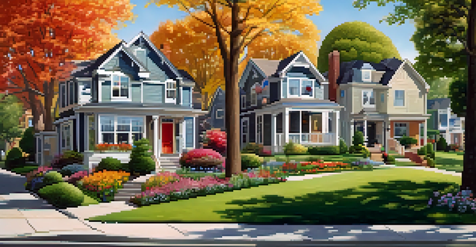 A lively suburban neighborhood featuring different home styles and families enjoying outdoor activities in a sunny park.