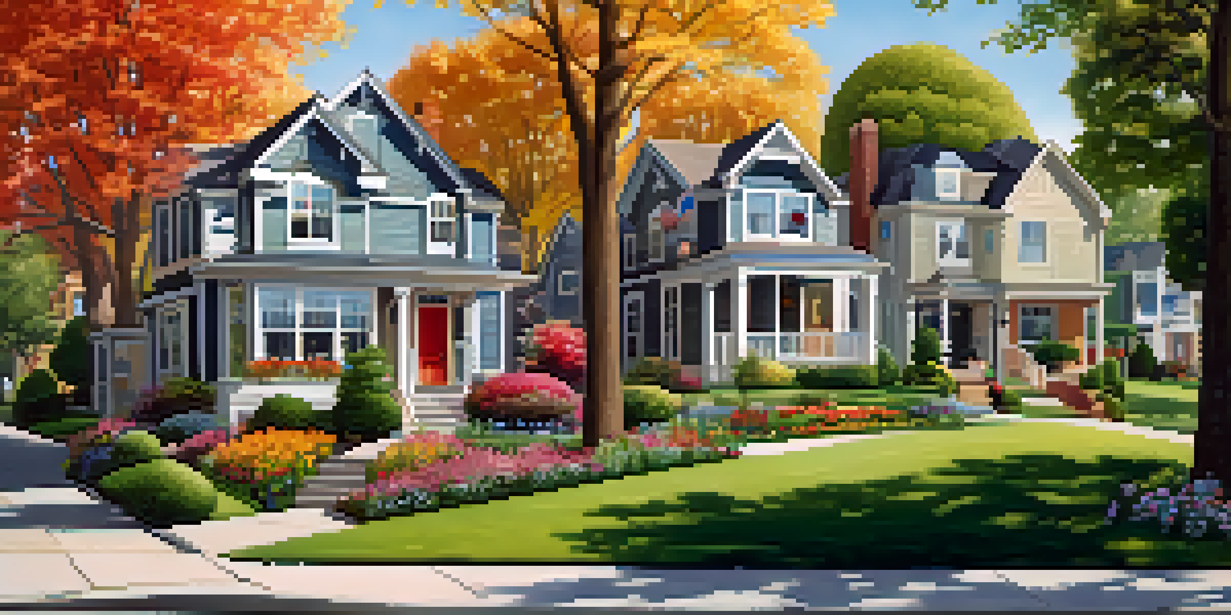 A lively suburban neighborhood featuring different home styles and families enjoying outdoor activities in a sunny park.