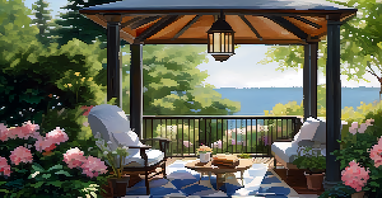 An elegant outdoor reading nook with an oversized chair and a small bookshelf surrounded by greenery and flowers.