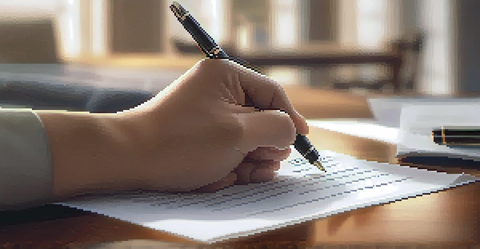 A hand signing a real estate contract on a wooden table with a house for sale in the background.