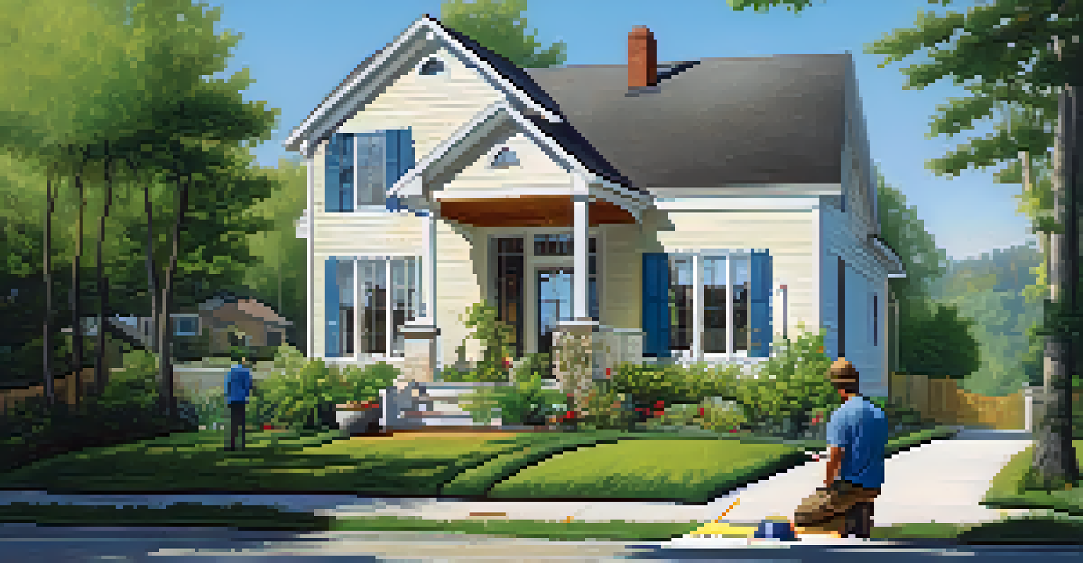 A home inspector examining the foundation of a two-story house under a clear blue sky, surrounded by greenery.