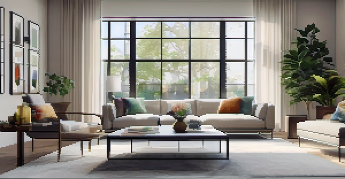 A bright and stylish modern living room with large windows and contemporary decor.