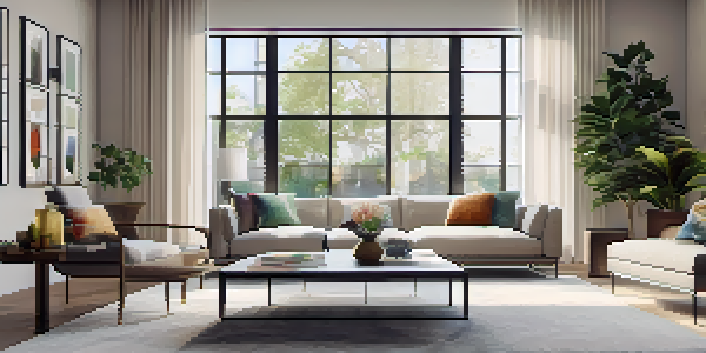A bright and stylish modern living room with large windows and contemporary decor.