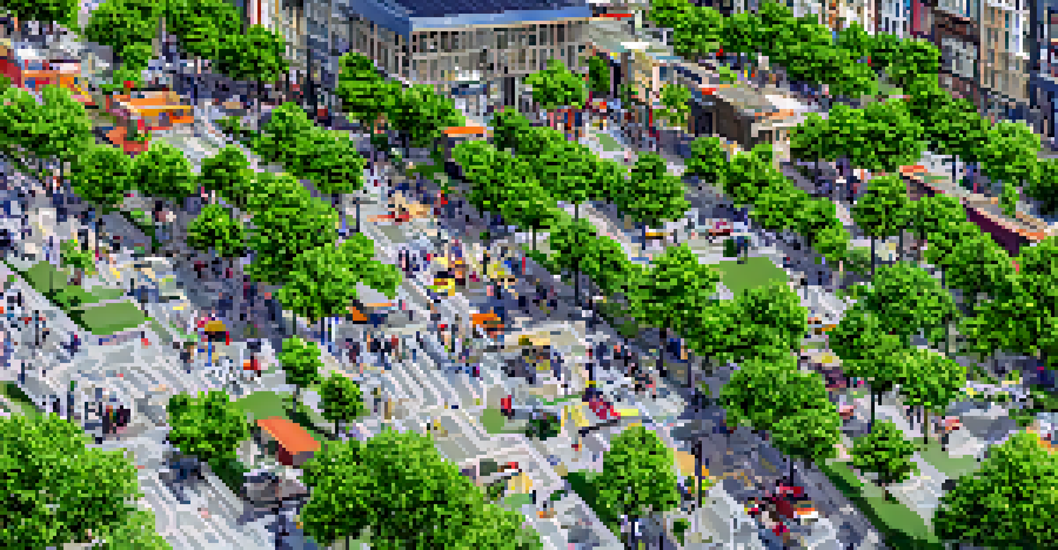 An aerial view of a lively urban area with parks, shops, and diverse people.