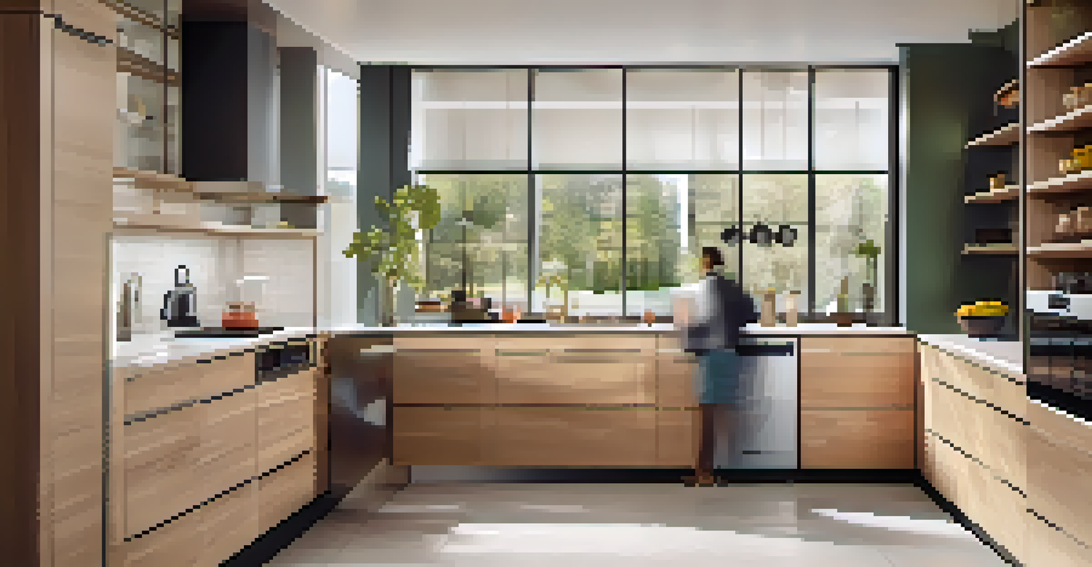 A modern kitchen with a smart sensor detecting motion and an automated coffee maker in action, illuminated by natural light.