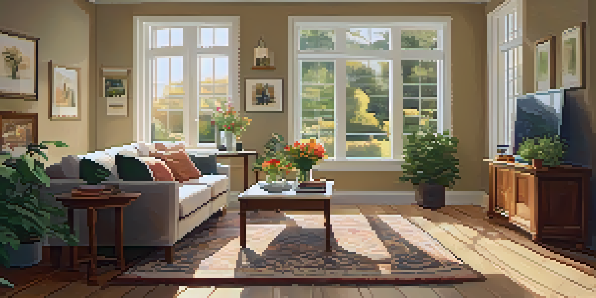 A cozy living room with a sofa, coffee table, flowers, and sunlight coming through the windows, creating a warm atmosphere.