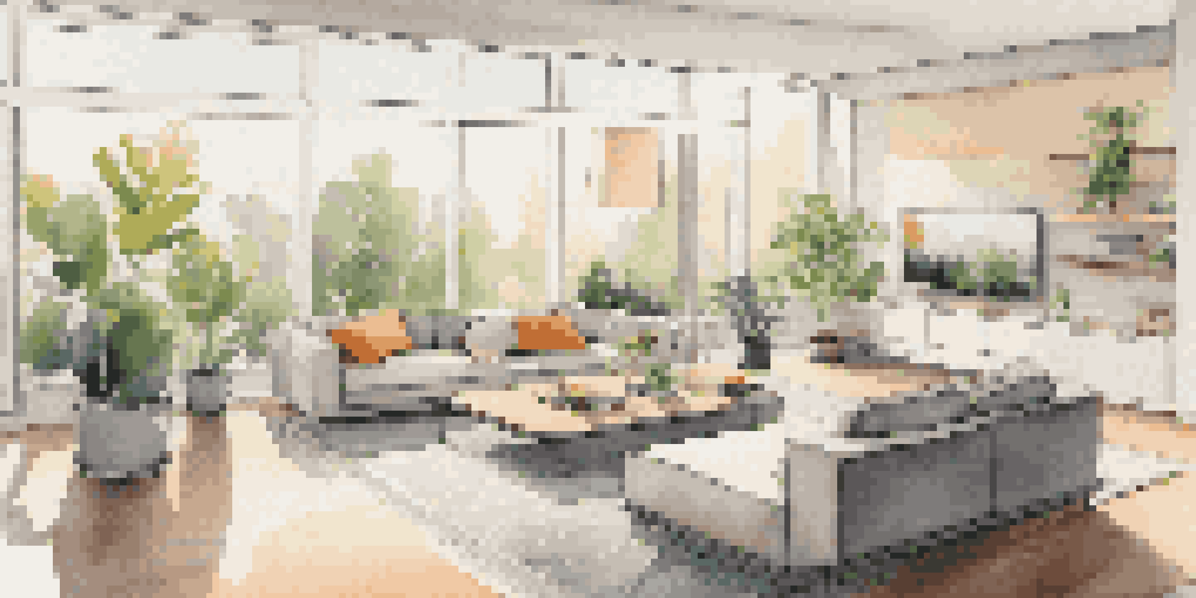 A contemporary living room showcasing smart home technology with a thermostat, automated lighting, and a smartphone on a coffee table.
