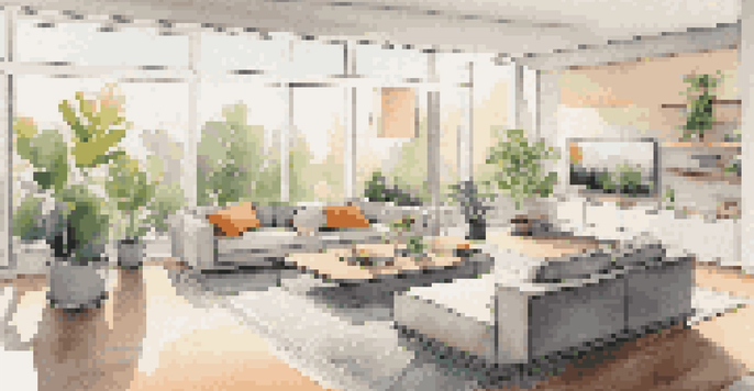 A contemporary living room showcasing smart home technology with a thermostat, automated lighting, and a smartphone on a coffee table.