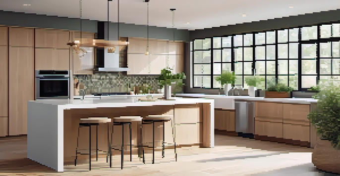 A modern kitchen with elegant cabinetry, an island, and natural light coming through a large window.